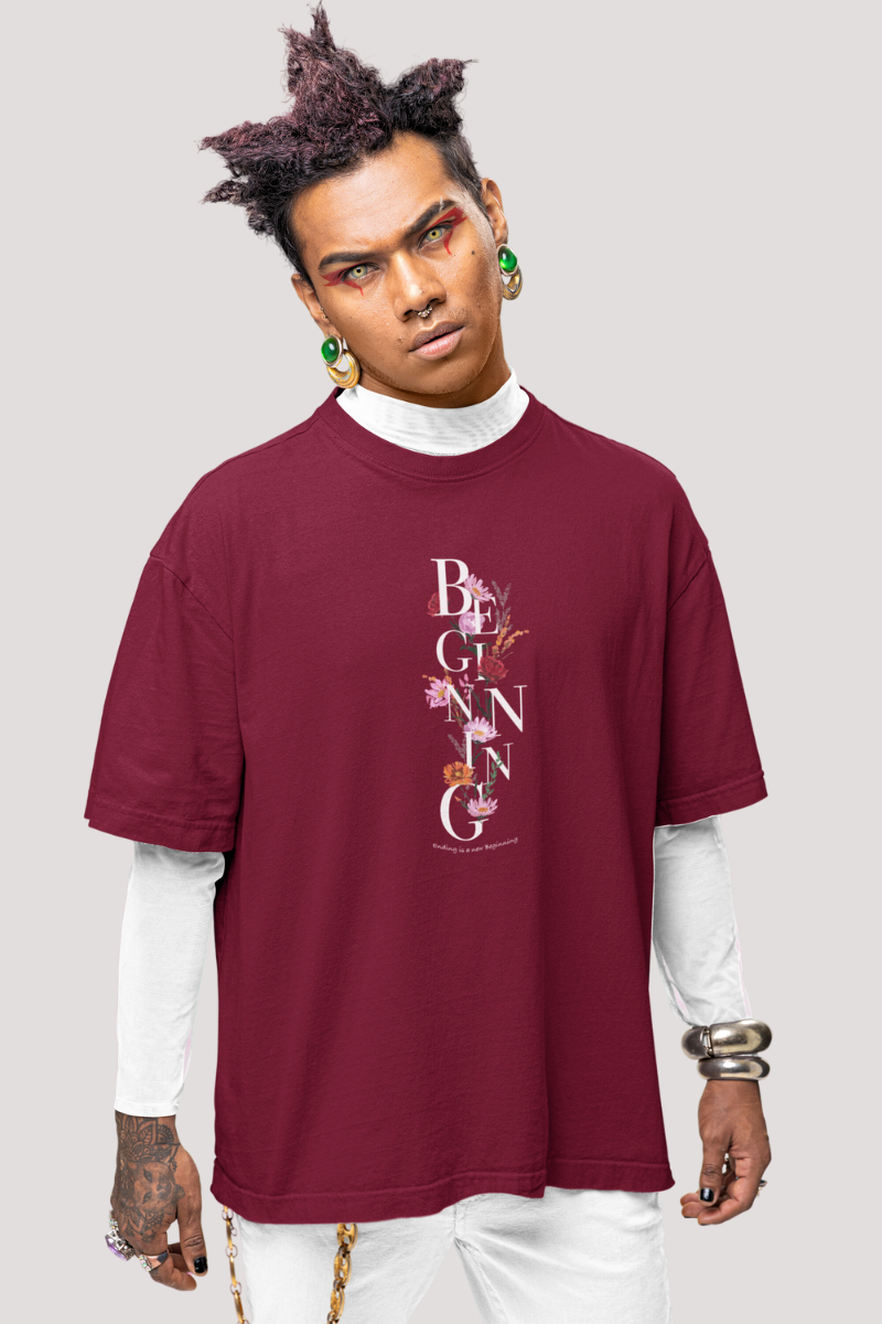 Maroon Bloom Flower Graphic Oversized T-shirt
